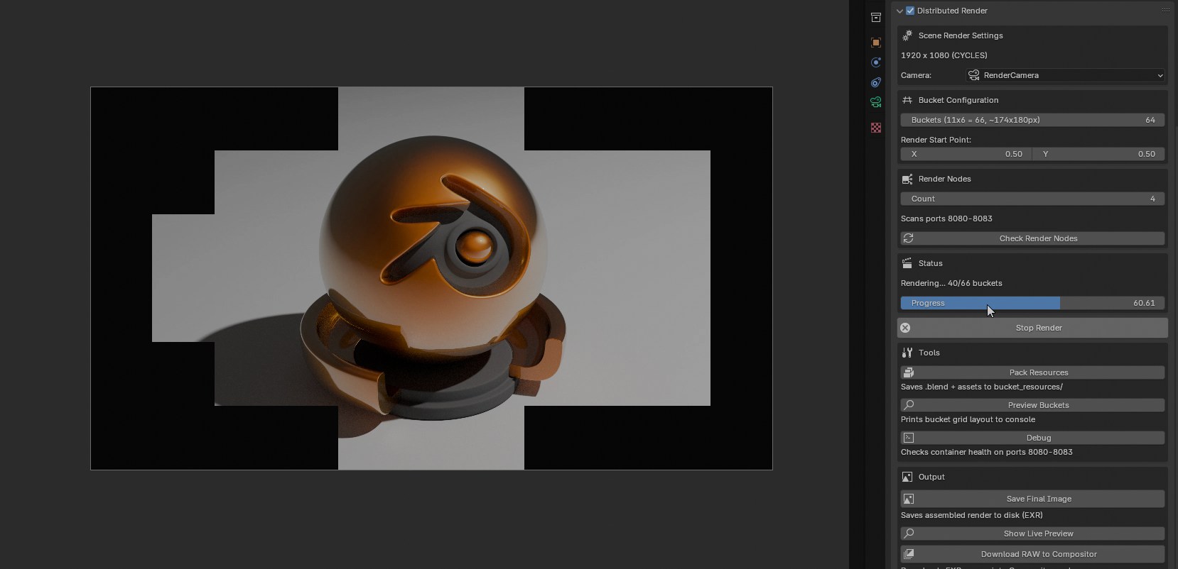 Blender with the Distributed Render panel open, a frame assembling itself bucket by bucket.